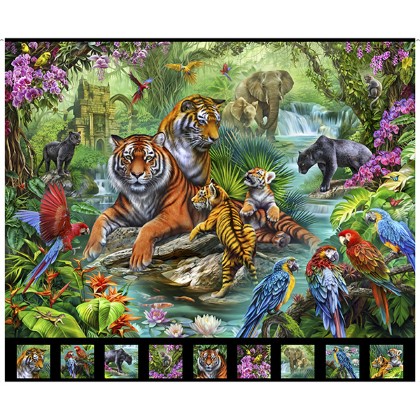 Quilting Treasures - Jungle Paradise - 36' Jungle Animal Panel, Black