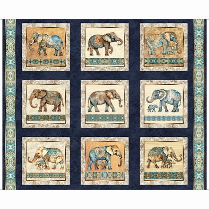 Quilting Treasures - Kindred Spirits - 36' Elephant Picture Patches Panel, Navy