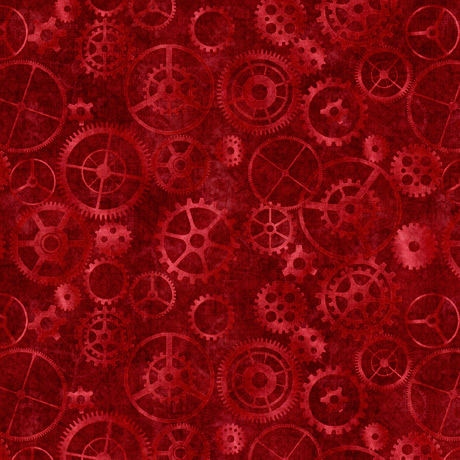 Quilting Treasures - Locomotion - Packed Gears, Maroon