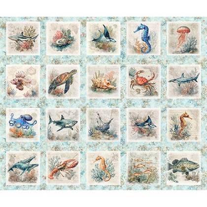 Quilting Treasures - Nauticus - Sea Creatures Picture Patches, Light Aqua