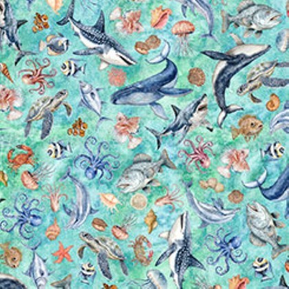 Quilting Treasures - Nauticus - Sea Creatures, Turquoise