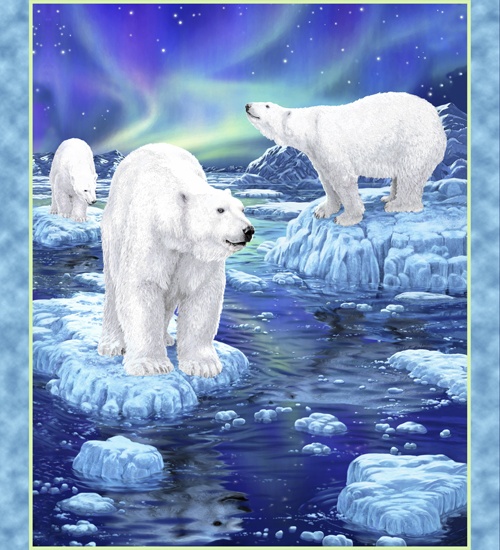 Quilting Treasures - Northern Lights - 36'' Polar Bear Panel, Blue