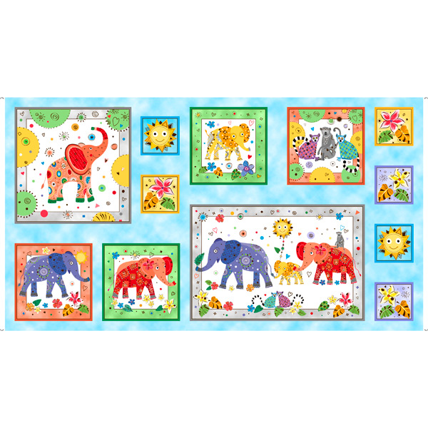 Quilting Treasures - Playful Elephants - 24' Picture Patch Panel, Blue