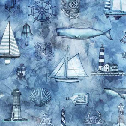 Quilting Treasures - Siren's Call - Coastal Collage, Blue