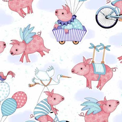 Quilting Treasures - When Pigs Fly - Flying Pigs & Bicycles, White