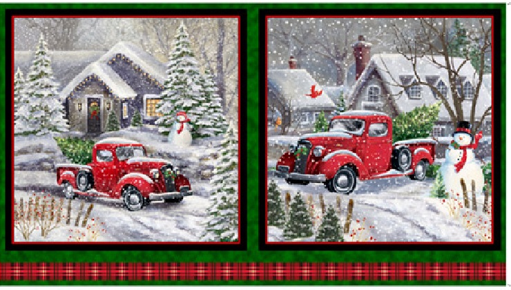 Quilting Treasures - Winter Greetings - 24' Panel Red Truck Patches, Forest