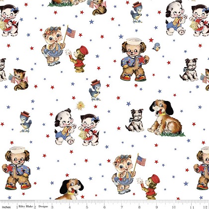 Riley Blake - Set Sail America - Patriotic Cats & Dogs, Off White