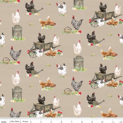 Riley Blake - Spring Barn Quilts - Chickens, Tan
