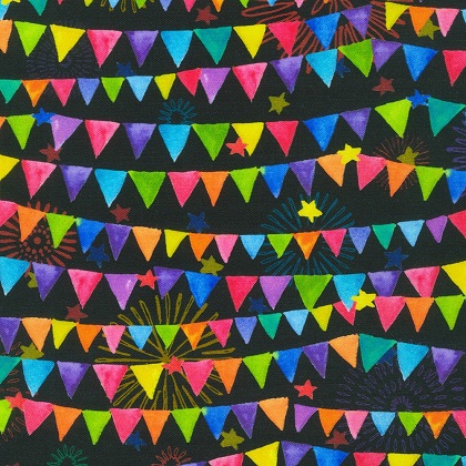 Robert Kaufman - Happy Day - Banners on Black, Fiesta