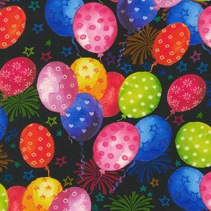 Robert Kaufman - Happy Day - Colorful Balloonson Black, Fiesta