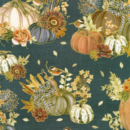 Robert Kaufman - Hello Fall - Pumpkin Arrangement, Denim