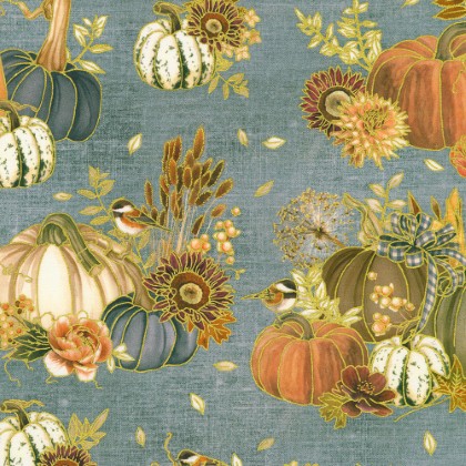 Robert Kaufman - Hello Fall - Pumpkin Arrangement, Dusty Blue