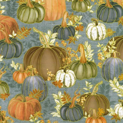 Robert Kaufman - Hello Fall - Pumpkins, Dusty Blue