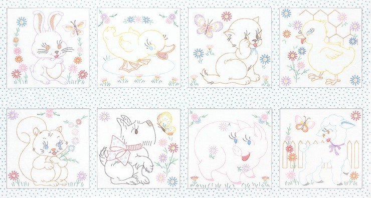 Robert Kaufman - Naptime 4 - 24' Baby Animal Panel w/ 8 Blocks, Vintage