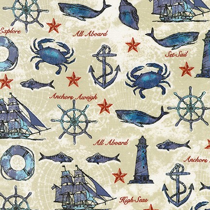 Robert Kaufman - Set Sail - Fish & Sealife, Sand/Blue