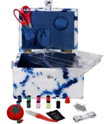 Sewing Basket - Packed with Starter Notions - 11.75  x 8.25' x 6', White/Blue