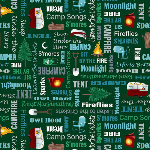 Studio E - Beneath The Stars - Campsite Words, Forest Green