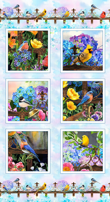 Studio E - Hydrangea Garden - Digital - 24' Bird Blocks Panel, Sky Blue
