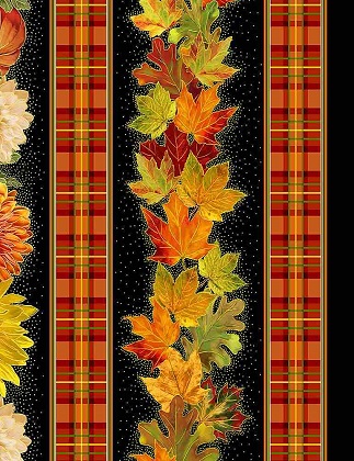 Timeless Treasures - Autumn Leaves - 11' Mums & Leaves Stripe, Black