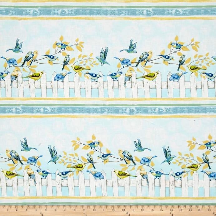 Timeless Treasures - Birds - (Janelle) - Birds w/Metallic Leaves Stripe, Mist