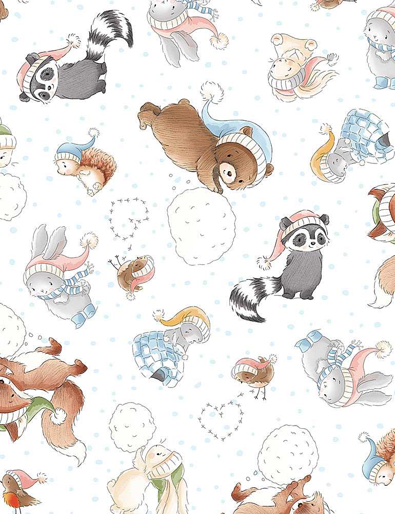 Timeless Treasures - Bunnies Snow Day - Tossed Animals Playing, White