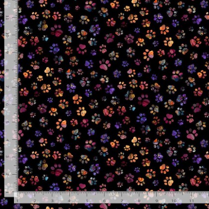 Timeless Treasures - Calico Cat - Floral Paw Prints, Black