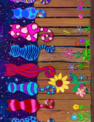 Timeless Treasures - Cats - Colorful Cats on a Fence - 11' Stripe, Multi