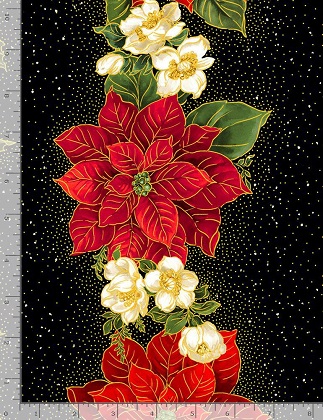 Timeless Treasures - Christmas Joy - 11' Poinsettias Holly Stripe, Black