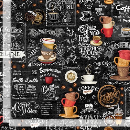 Timeless Treasures - Coffee - Coffee Chalkboard, Black