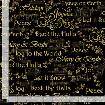 Timeless Treasures - Deck The Halls - Christmas Words & Music Notes, Black