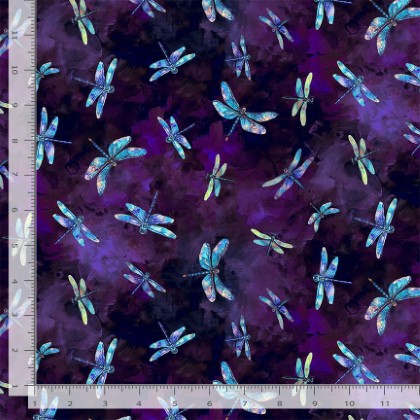 Timeless Treasures -  Dragonfly Mist - Flying Dragonflies, Purple
