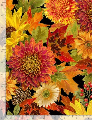 Timeless Treasures - Fall is in The Air - Packed Metallic Harvest Bouquet, Black
