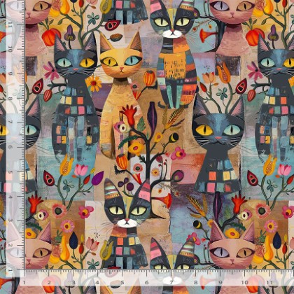 Timeless Treasures - Feline Folk - Packed Cat & Floral, Bright