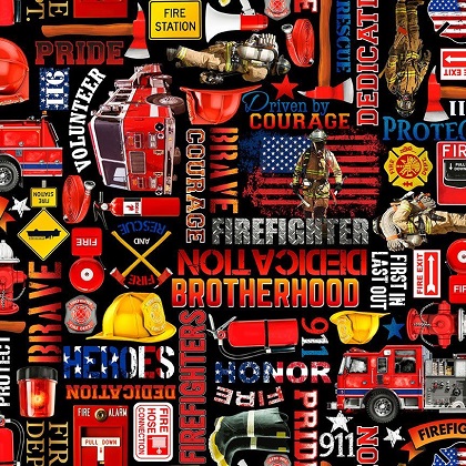 Timeless Treasures - Fire - Firefighter Equipment & Text, Black