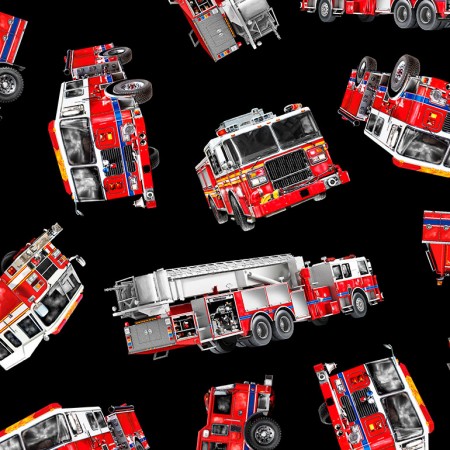 Timeless Treasures - Fire - Tossed Fire Trucks, Black