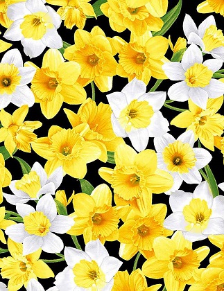 Timeless Treasures - Garden Bouquet - Yellow Daffodils, Black