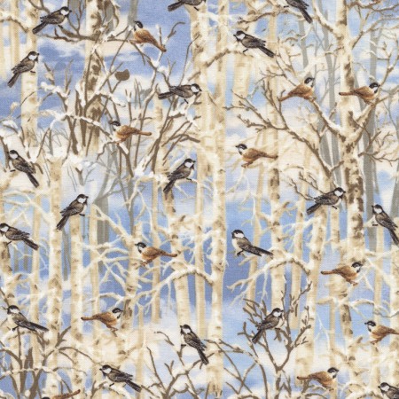 Timeless Treasures - Holiday - Birds on Snowy Branches, Sky