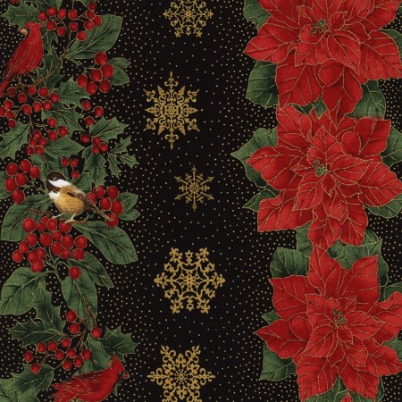 Timeless Treasures - Holiday - Poinsettia Stripe with Birds, Black