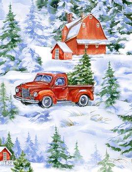 Timeless Treasures - Holiday - Trucks in the Winter Homestead, Multi
