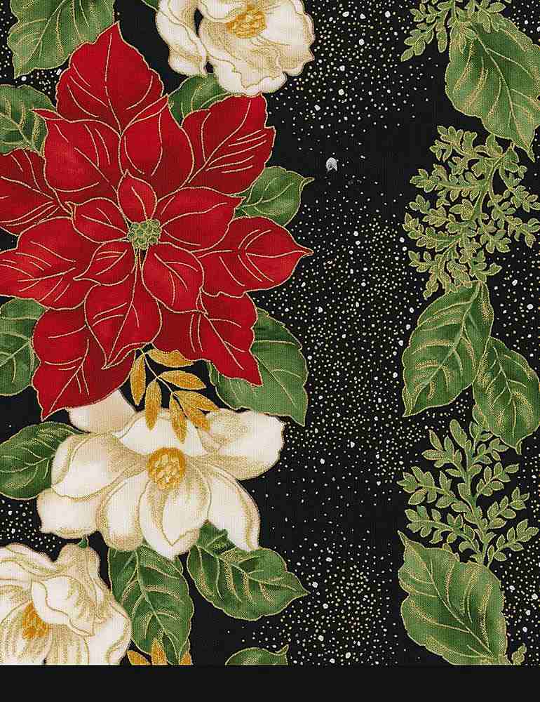 Timeless Treasures - Holiday Bloom - Metallic Poinsettia Stripe, Black