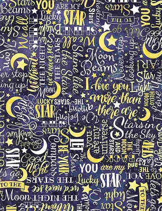 Timeless Treasures - I Love You To The Moon & Back - Stars Text, Yellow