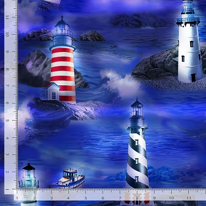 Timeless Treasures - Light The Way - Lighthouses in Blue Sea, Blue