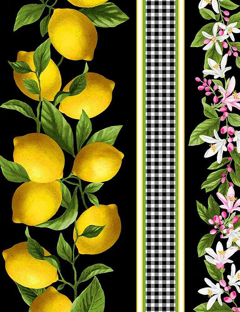 Timeless Treasures - Make Lemonade! - Blooming Lemon Gingham Stripe, Black