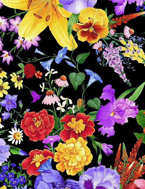 Timeless Treasures - Meadow - All Over Pansy & Lily Bouquet, Multi