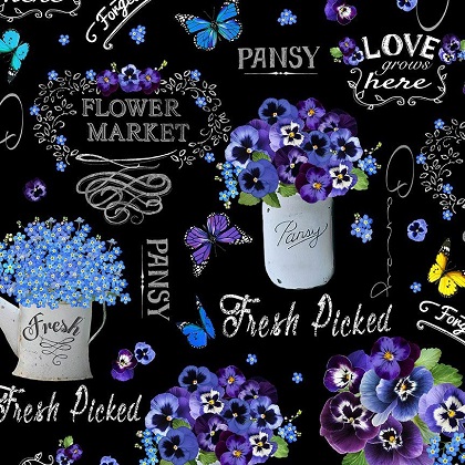 Timeless Treasures - Pansy Paradise - Pansy Vase & Words, Black