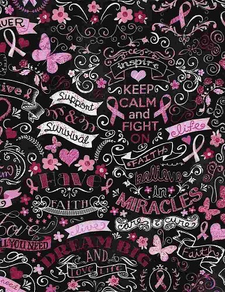 Timeless Treasures - Pink Ribbon Chalkboard - Breast Cancer, Black