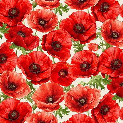 Timeless Treasures - Poppy Passion - Large Poppy Floral, Cream
