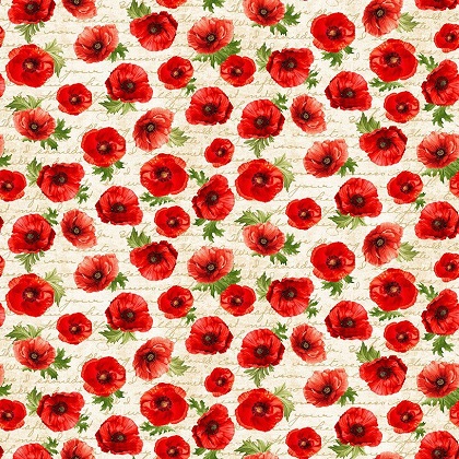 Timeless Treasures - Poppy Passion - Poppies On Script, Cream