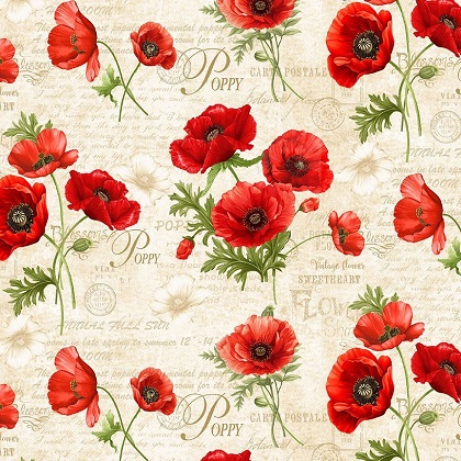 Timeless Treasures - Poppy Passion - Poppy Floral & Text, Cream