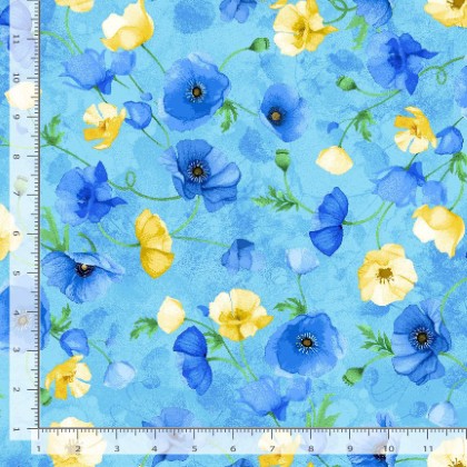 Timeless Treasures - Poppy Serenade - Floating Poppies Watercolor, Sky